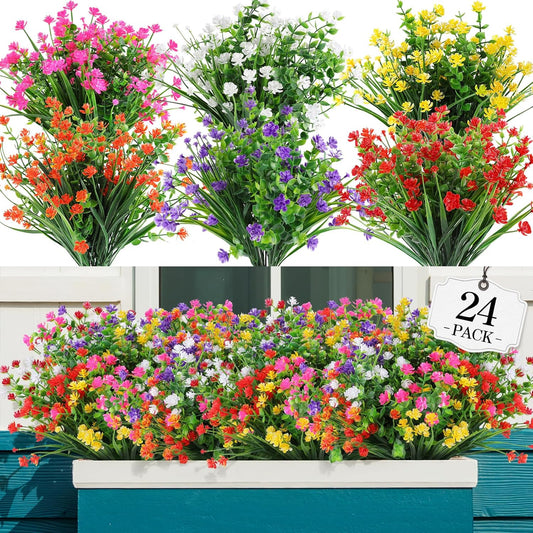 AGIRL 24 Bundles Artificial Flowers for Outdoor,Fake Flowers No Fade Plastic Faux Plants for Decoration Hanging Planters Outdoor&Indoor Garden Patio Porch Window Party Farmhouse
