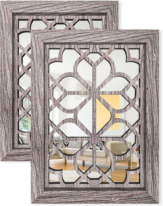 Boho Wall Mirror Decor, Set of 2 Rustic Farmhouse Accent Mirror 12x12 Inch, Square Shatterproof Vintage Style Mirrors for Wall, Small Decorative Mirrors for Living Room, Bedroom(Grey)