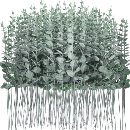 Canlierr 100 Pcs Eucalyptus Stems Faux Greenery Artificial Eucalyptus Leaves Decor Greenery Stems Branch for Wedding Centerpiece Flower Bouquet Farmhouse Home (Dark Green)