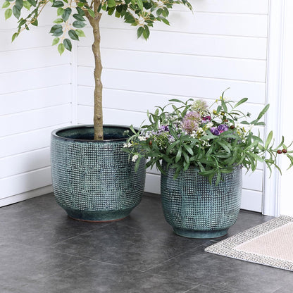 LuxenHome 15.75" Dia Large Ceramic Pots for Plants, Blue Glazed Planters for Outdoor Plants, Round Indoor Flower Pots with Drainage Hole and Rubber Plug for Home Garden Patio