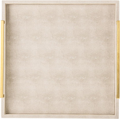 XIGEXIGE Ivory Shagreen Decorative Tray Large Rectangle Coffee Table Tray for Ottoman Faux Leather Serving Tray with Brushed Gold Handles