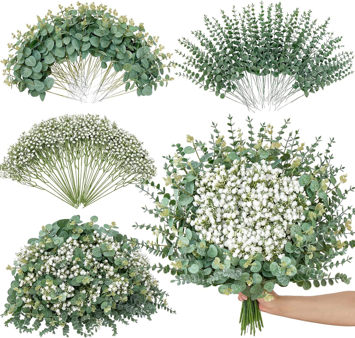 Serwalin 100 Pcs Mixed Artificial Eucalyptus Stems,Babys Breath Artificial Flowers Bulk with Faux Eucalyptus Leaves Greenery Stems for Wedding DIY Bouquets Floral Arrangement Home Decor