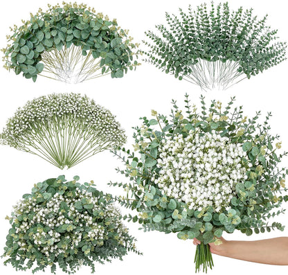 Serwalin 100 Pcs Mixed Artificial Eucalyptus Stems,Babys Breath Artificial Flowers Bulk with Faux Eucalyptus Leaves Greenery Stems for Wedding DIY Bouquets Floral Arrangement Home Decor