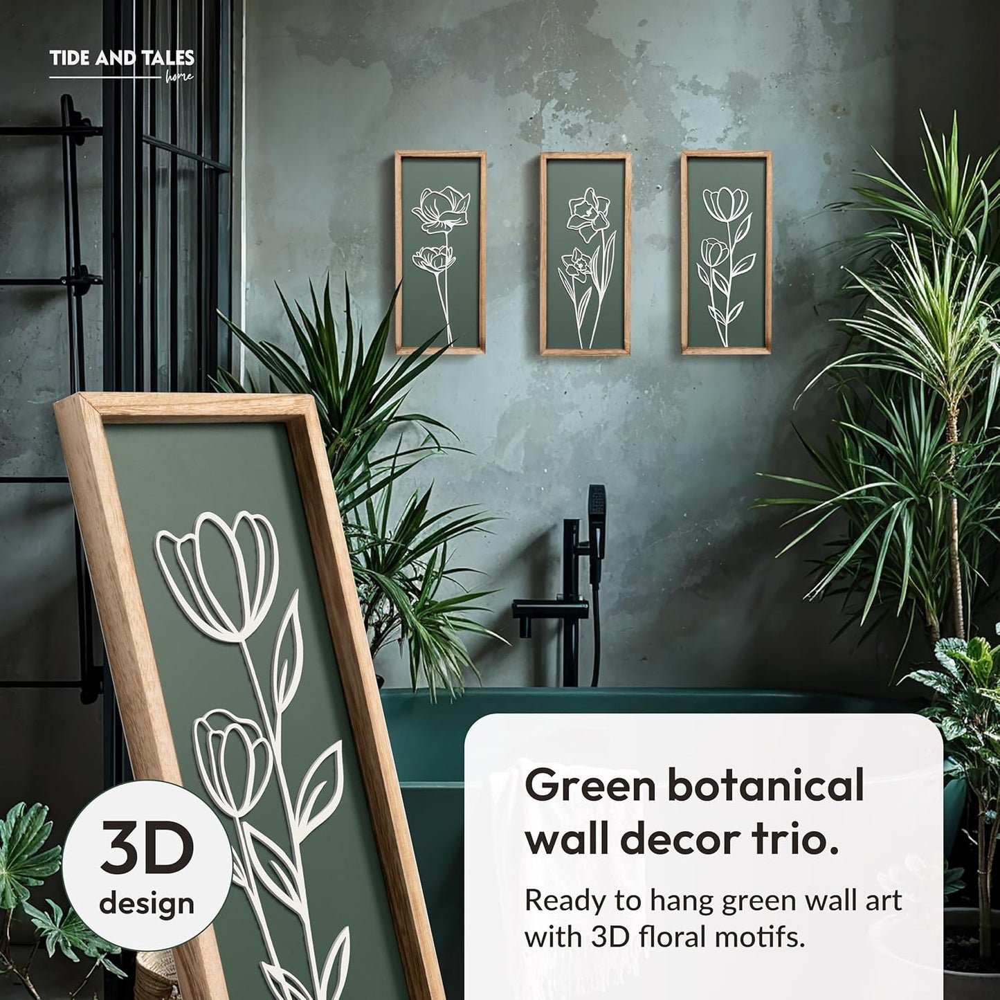 3D Floral Green Wall Art (Set of 2) Lightweight, Wooden Ready-to-Hang Boho Framed Wall Art for Bathroom, Bedroom, Living Room or Office – Premium Sage Green Farmhouse Decor – Gift-Boxed