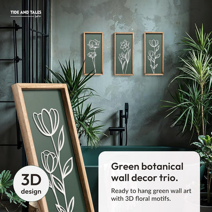 3D Floral Green Wall Art (Set of 2) Lightweight, Wooden Ready-to-Hang Boho Framed Wall Art for Bathroom, Bedroom, Living Room or Office – Premium Sage Green Farmhouse Decor – Gift-Boxed