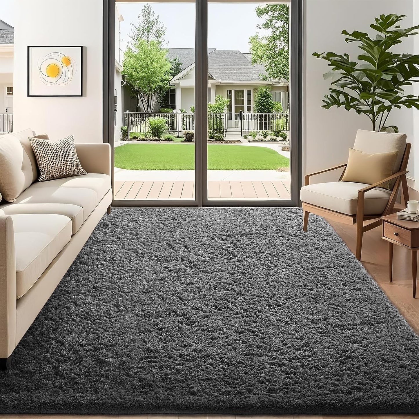 Ophanie Round Rugs 5Ft Ivory Circle Area Rug, Nursery Room Decor, Christmas Aesthetic Bedroom Home Circular Carpet 5 Foot, Fluffy Fuzzy Shag Plush Cream Living Room Rugs for Kids Boys Girls Teen Baby