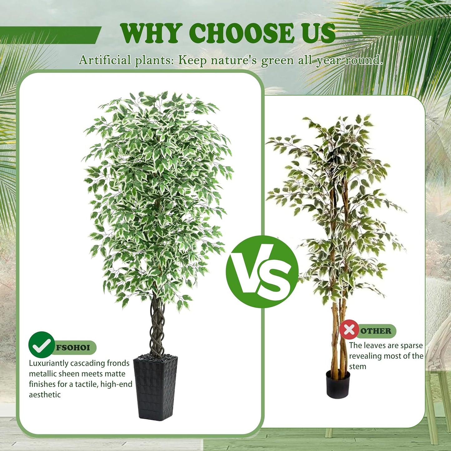Artificial Ficus Tree 6FT Faux Plants Indoor Tall Fake Plants with White Planter, Green Lifelike Lush Fake Ficus Tree for Home Living Room Bedroom Outdoor Balcony House Office Decor