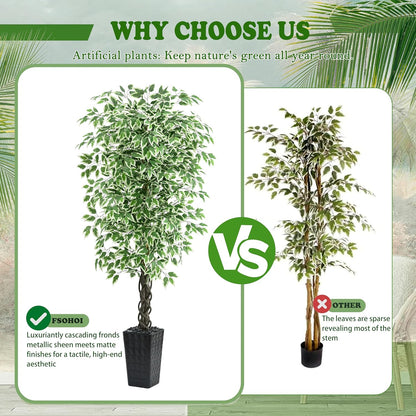 Artificial Ficus Tree 6FT Faux Plants Indoor Tall Fake Plants with White Planter, Green Lifelike Lush Fake Ficus Tree for Home Living Room Bedroom Outdoor Balcony House Office Decor