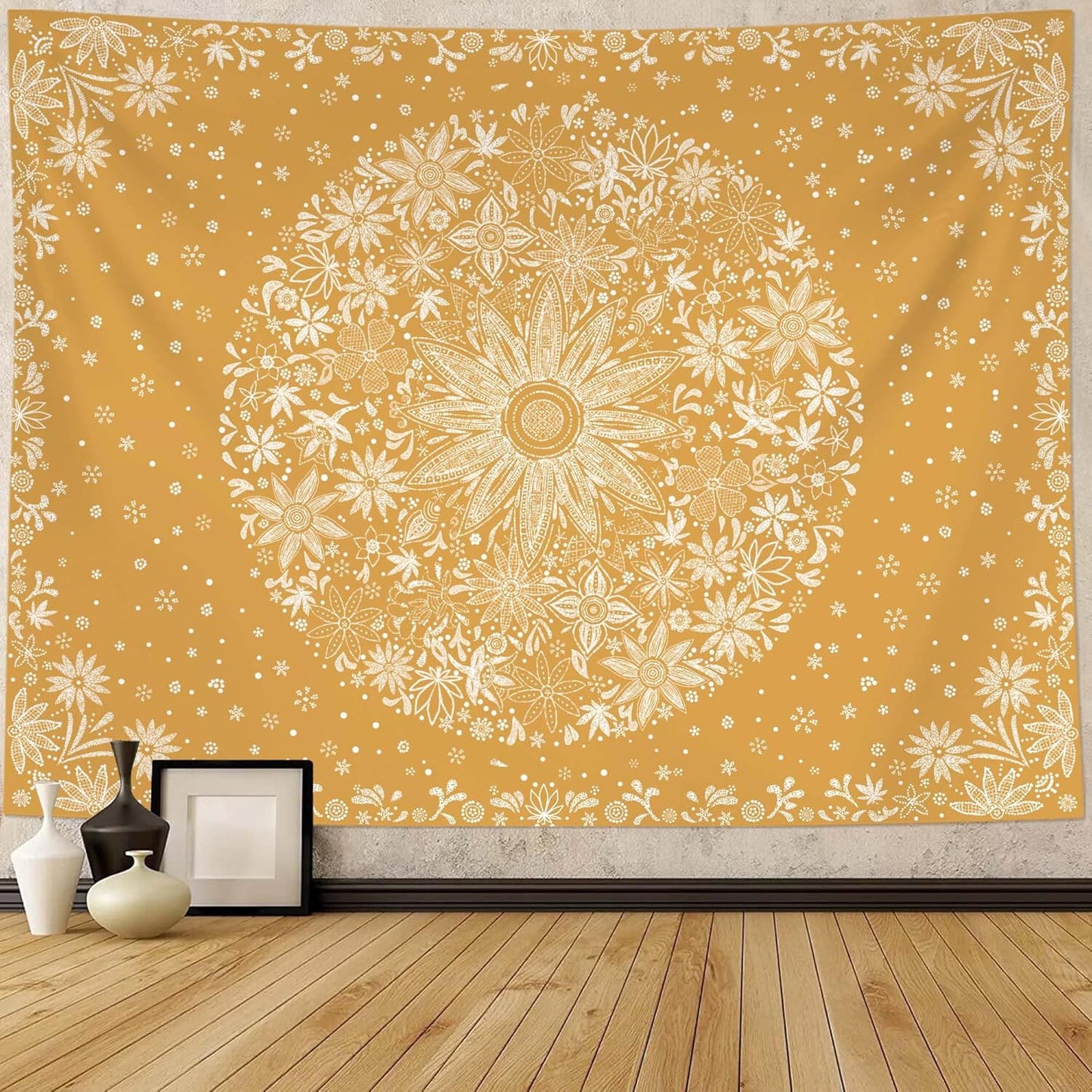Neasow Bohemian Tapestry Wall Hanging, Beige White Floral Tapestry with Dotted Daisy Medallion Print Bedroom Boho Hippie Home Decor, 36×48 inches