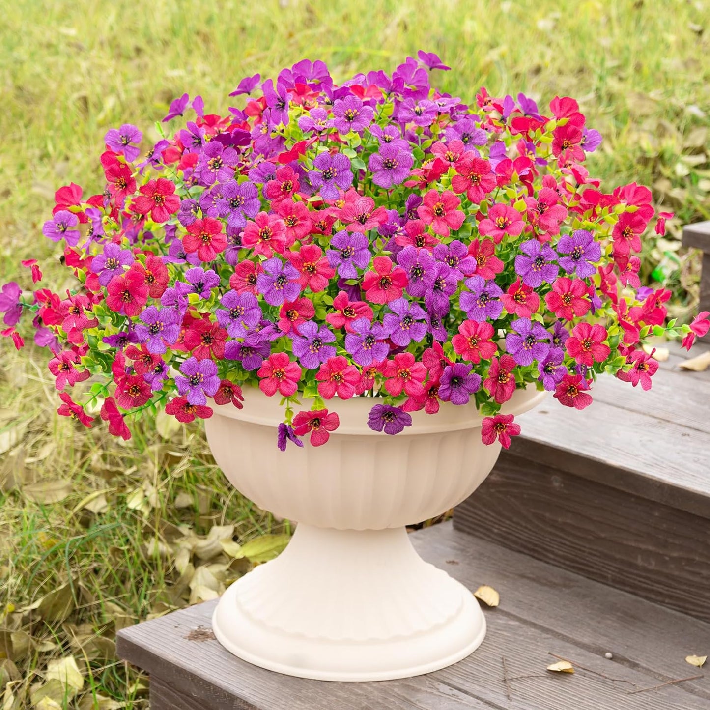 16 Bundles Artificial Fake Flowers Plants for Outdoors Spring Summer Decor,Faux Flowers Plant Silk Daisy UV Resistant for Outside Planters Front Porch Patio Yard Garden Home(Red,Purple,Yellow,Fuchsia)
