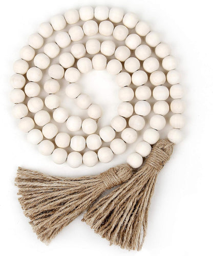 58in Wood Bead Garland with Tassels, Farmhouse Rustic Country Decor Prayer Boho Wall Hanging Decoration (Nature)