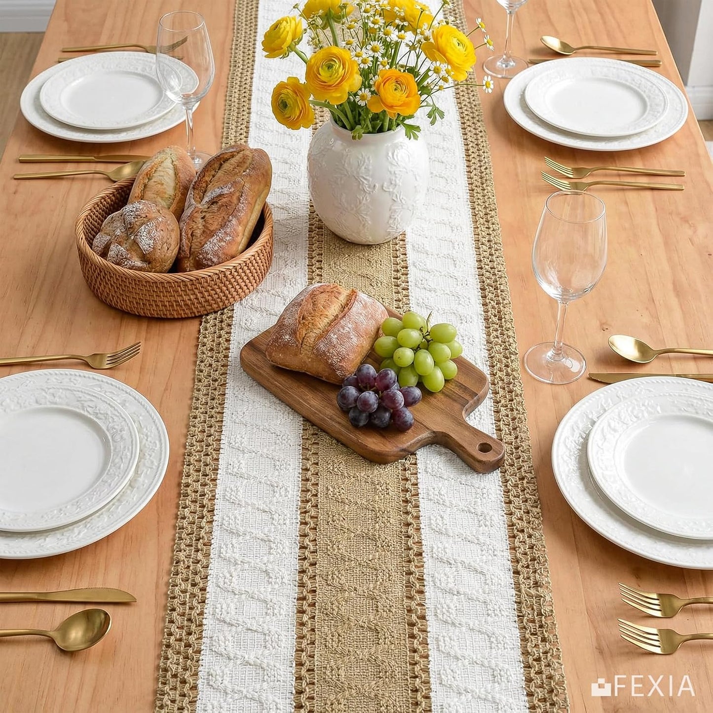 FEXIA Boho Table Runner for Thanksgiving Fall Christmas Home Decor with Tassels 72 Inches Long Pottery barn Furniture Farmhouse Rustic Macrame Burlap Table Decoration for Living Room (12x72 Inches)
