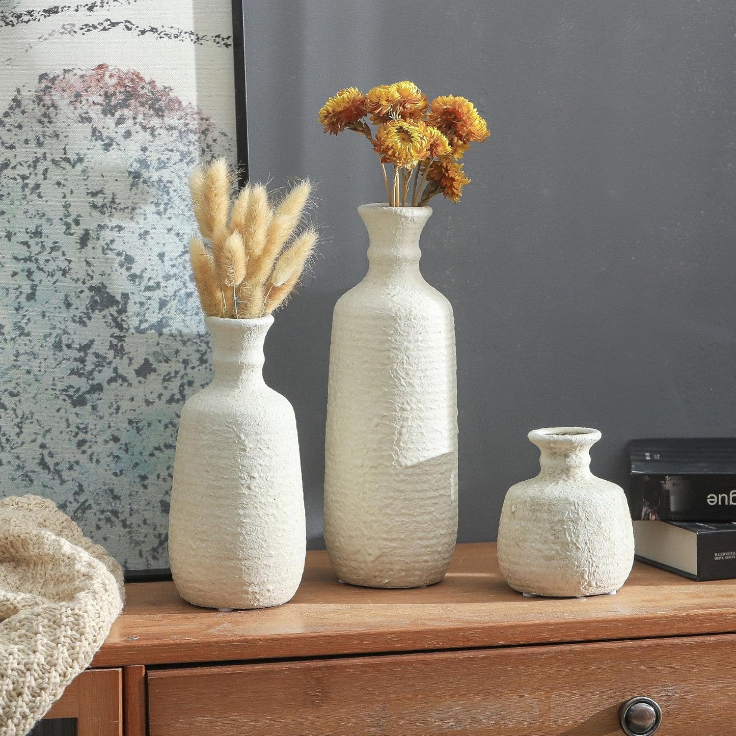 Ceramic Vase Set of 3 | Neutral Vase Home Decor with Handle | Pottery Modern Farmhouse Vases Pampas Grass Flower Vases for Home Decor Table Living Room Centerpieces Mantel Decor - Multicolor