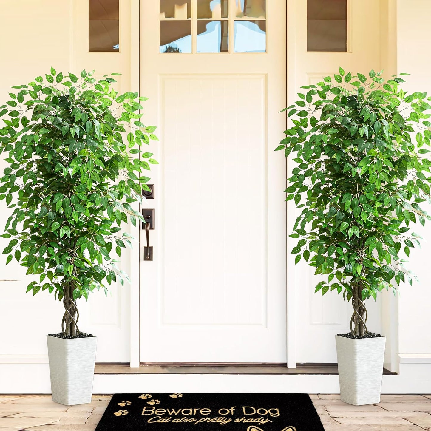 Artificial Ficus Tree 6FT Faux Plants Indoor Tall Fake Plants with White Planter, Green Lifelike Lush Fake Ficus Tree for Home Living Room Bedroom Outdoor Balcony House Office Decor