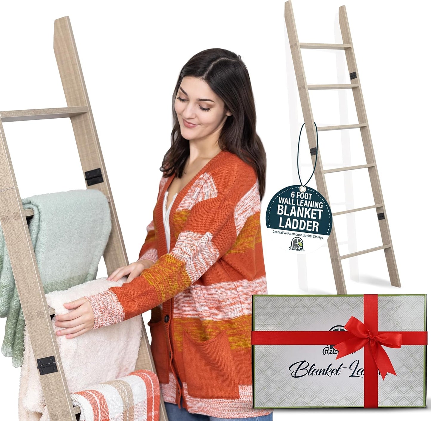 Blanket Ladder for Living Room and Bedroom, 5ft 8 inch, 6-Tier Wall Leaning Laminate Snag Free Construction (White) Rustic Decorative Farmhouse Blanket Storage, Quilt Rack, Ladder Shelf, Easy Assembly