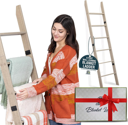 Blanket Ladder for Living Room and Bedroom, 5ft 8 inch, 6-Tier Wall Leaning Laminate Snag Free Construction (White) Rustic Decorative Farmhouse Blanket Storage, Quilt Rack, Ladder Shelf, Easy Assembly