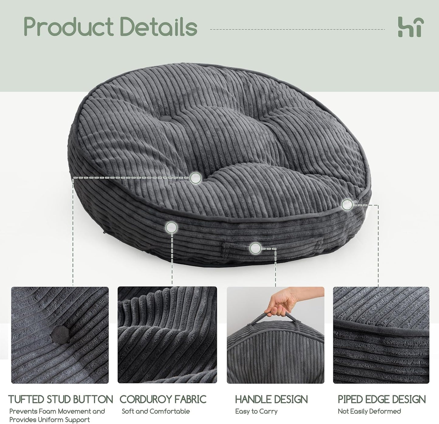 HIGOGOGO 6" Extra Thick Floor Pillow Cushion for Adults, Meditation Cushion Pillow, Large Square Floor Sitting, Tufted Corduroy Cover, for Tatami Living Room or Yoga, 22x22 Inch, 2Pack, Dark Grey