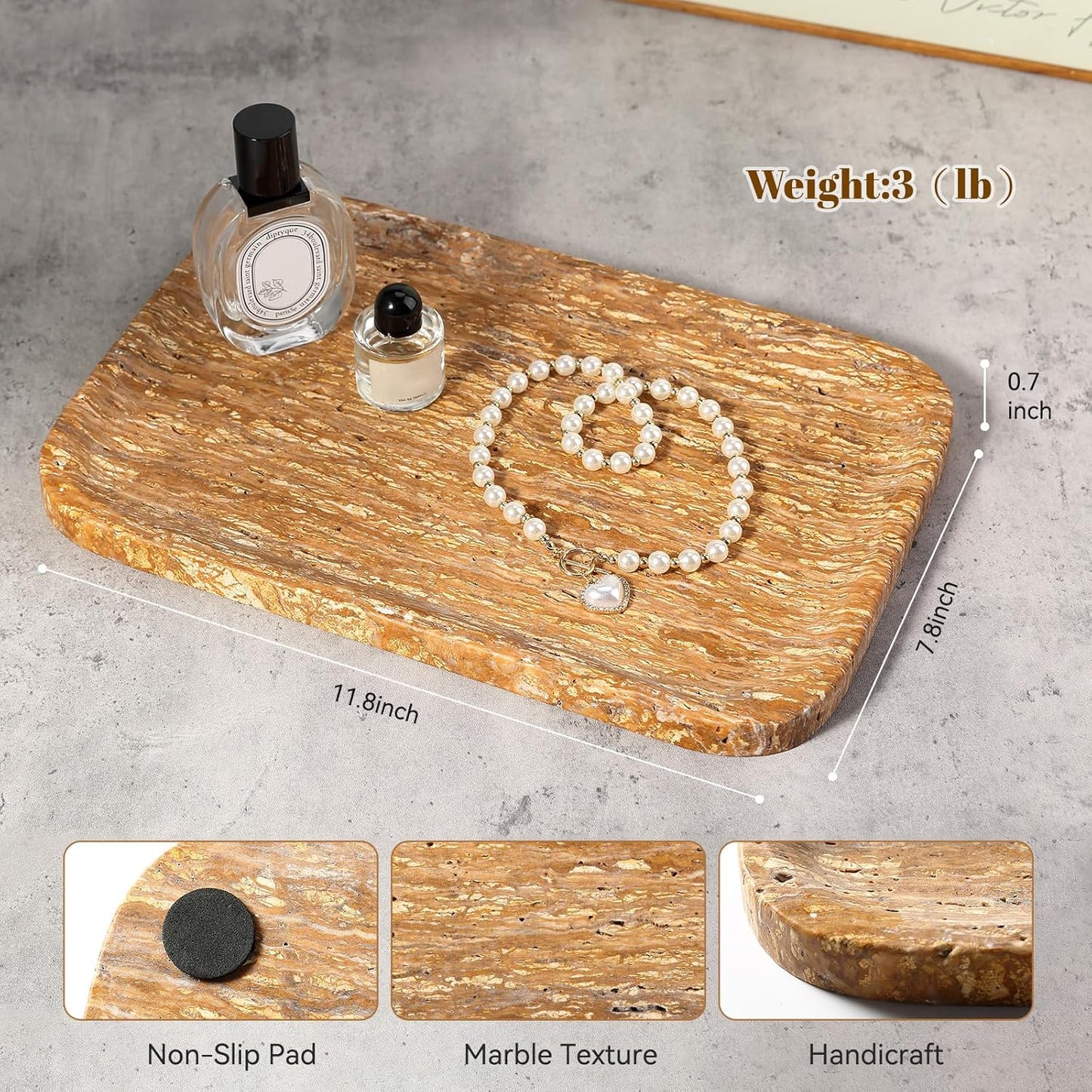 Marble Vanity Tray for Dresser Organizer, Travertine Bathroom Tray Countertop, Beige Decorative Serving Trays, Kitchen Sink Storage, Jewelry & Perfume Holder(Travertino Romano)