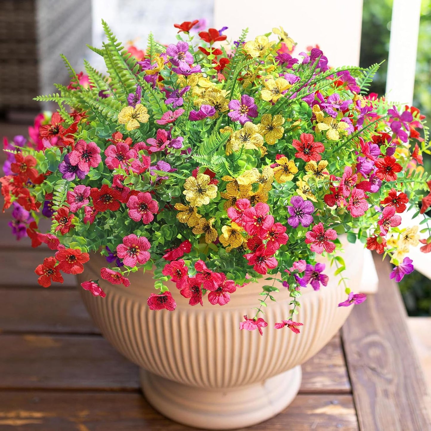 HyeFlora Artificial Flowers for Outdoor Indoor Garden Home Decoration, Faux Flower Daisy with Eucalyptus Leaves Fake Plants Greenery Boxwood Porch Patio, 12 Bundles (Mix Pink Red Purple Yellow)