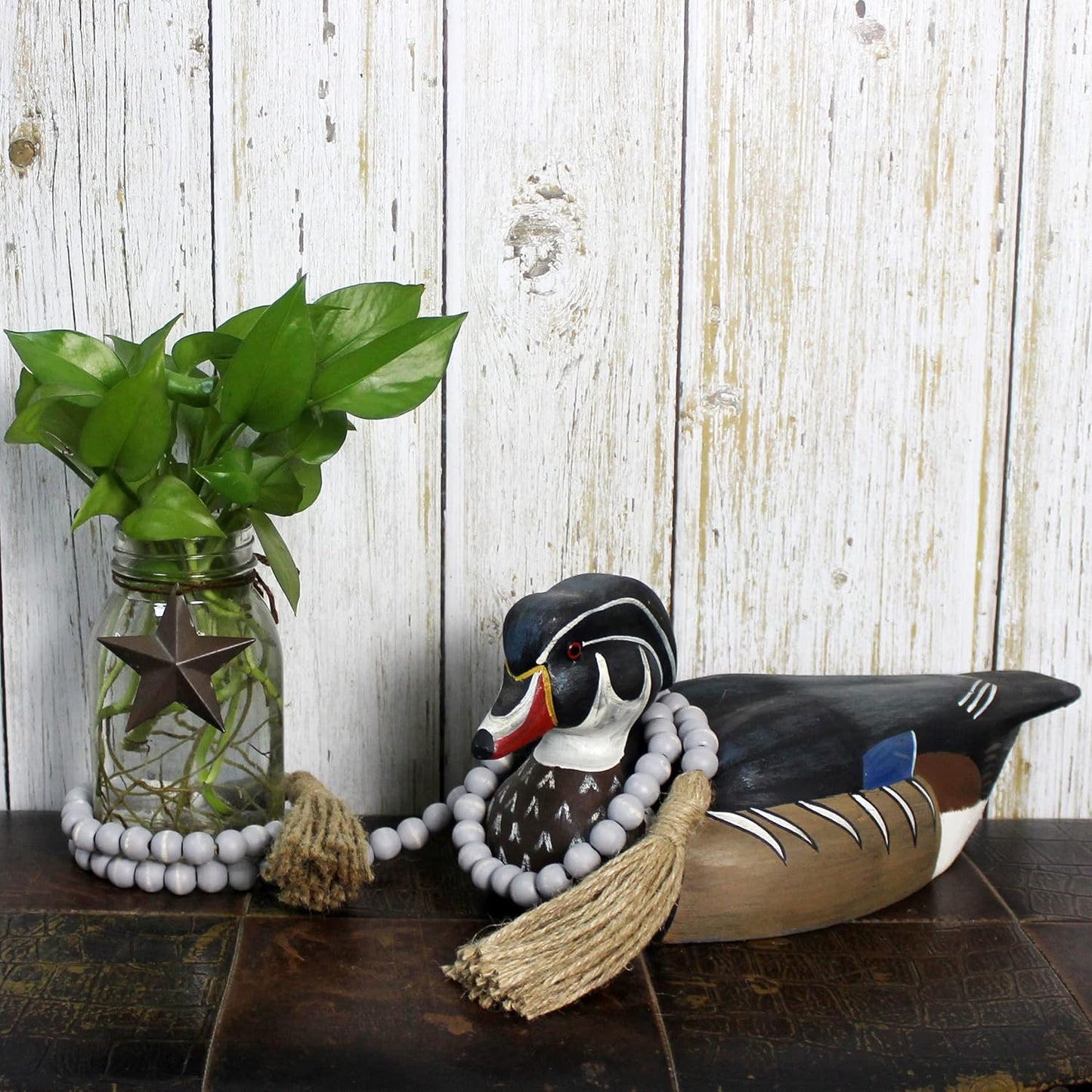 CVHOMEDECO. Wood Beads Garland with Tassels Farmhouse Rustic Wooden Prayer Bead String Wall Hanging Accent for Home Festival Decor. Mix Distressed
