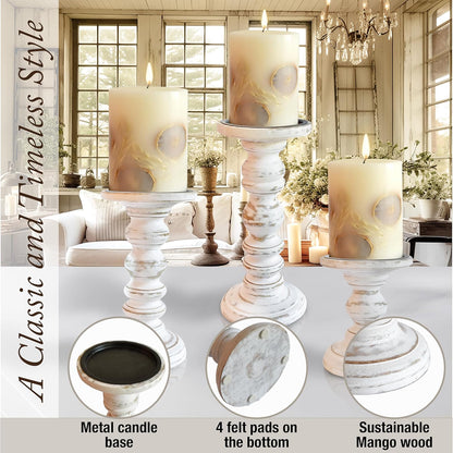 Large Candle Holders for Pillar Candles (3 Piece Set) Tall Rustic Wood Farmhouse Pillar Candlestick Stands - Fits 4 inch inch Wide Pillar Candles - Modern Candle Holder Decor (Antique White)
