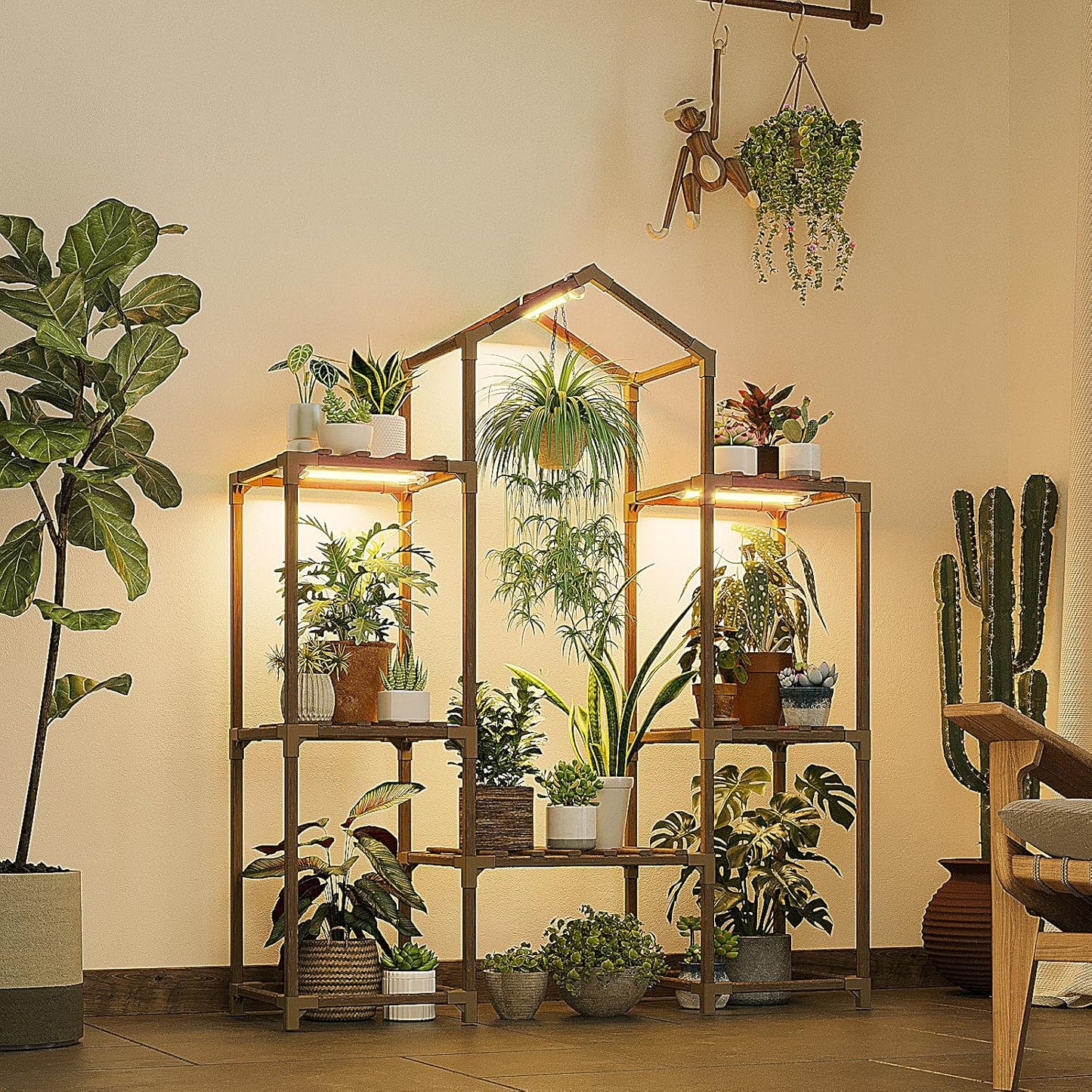 Bamworld Plant Stand Indoor with Grow Lights Wood Plant Shelf for Hanging Planter Pots Display Flower Stand for Living Room Patio Garden Decor