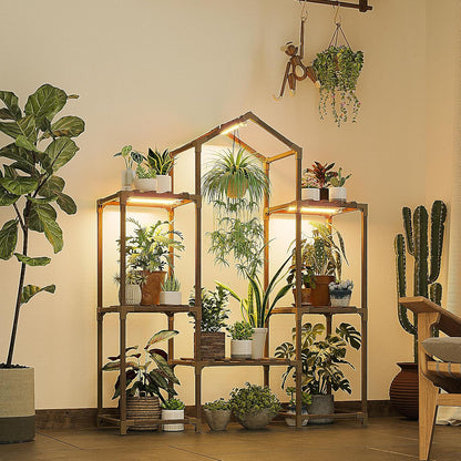 Bamworld Plant Stand Indoor with Grow Lights Wood Plant Shelf for Hanging Planter Pots Display Flower Stand for Living Room Patio Garden Decor
