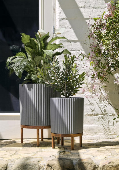 Veradek Demi Series Round Planter w/ Stand for Porch/Patio | Durable Plastic-Concrete & Wooden Stand | Modern Décor for Tall Plants, Flowers