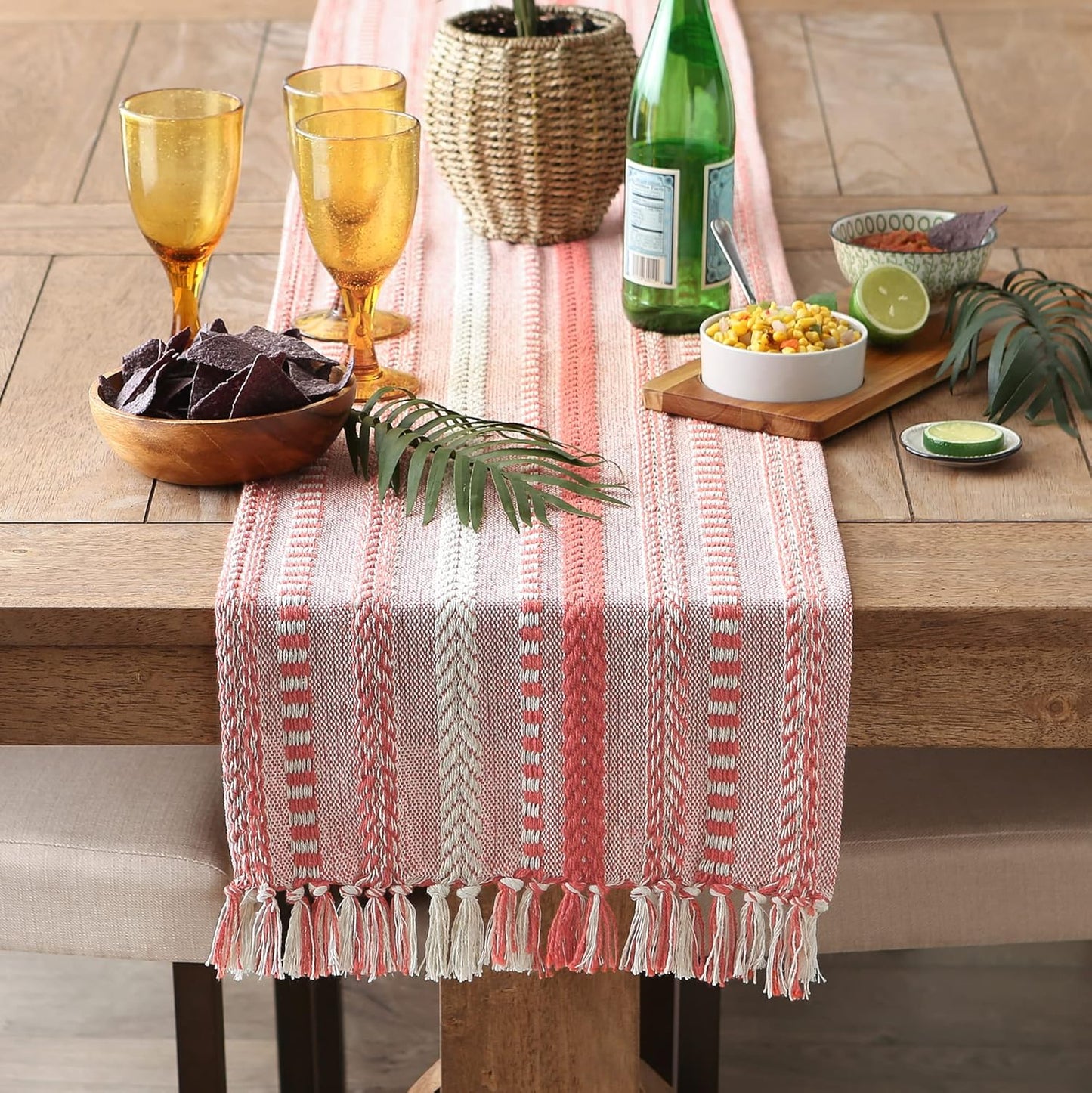 DII Farmhouse Braided Stripe Table Runner Collection, 15x72 (15x77, Fringe Included), Black