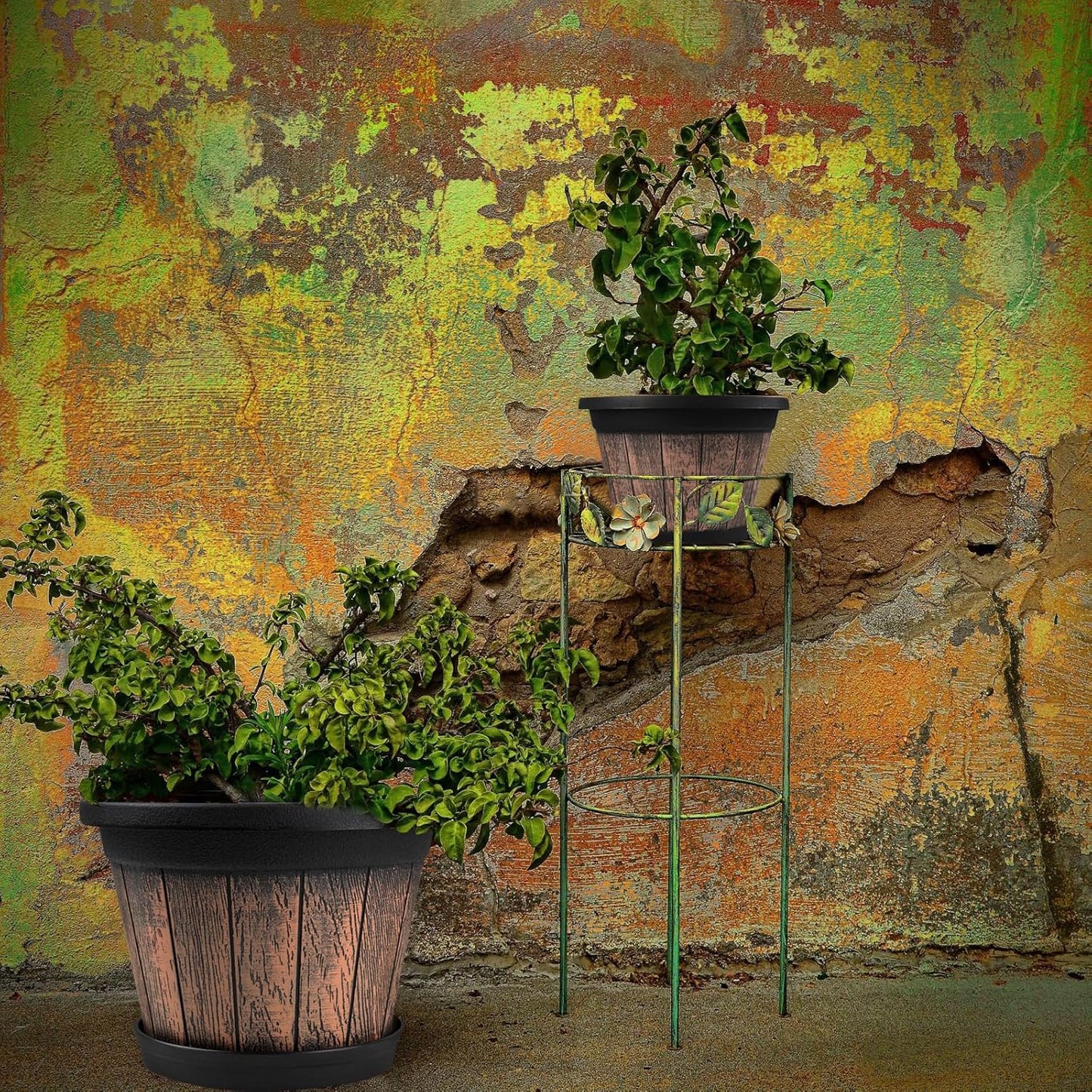Quarut 3 Pack 10 inch Plant Pots,Whiskey Barrel Planters with Drainage Holes & Saucer, Plastic Decoration Flower Pots Imitation Wine Barrel Design, for Indoor & Outdoor Garden Home Plants (Brown)