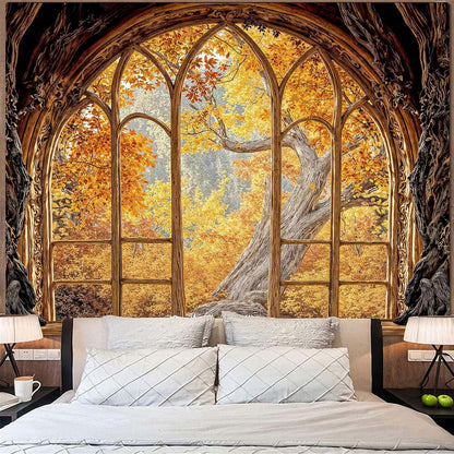 Lifeella Fantasy Castle Window Tapestry, Magic Woodland Scene Large Wall Backdrop, Fairytale Moon Mural for Bedroom Dorm Living Room Decor, 60x80 inches