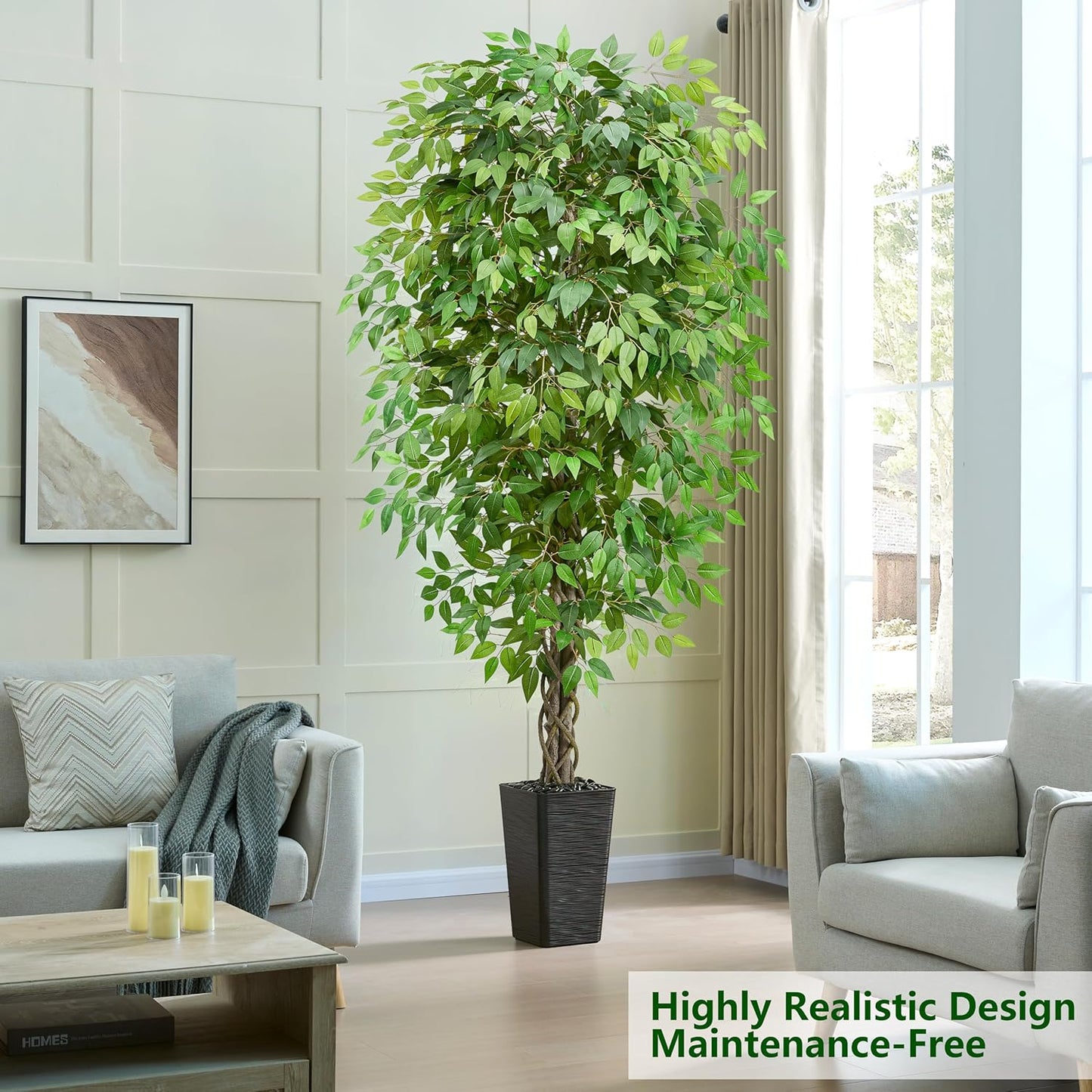 Artificial Ficus Tree 6FT Faux Plants Indoor Tall Fake Plants with White Planter, Green Lifelike Lush Fake Ficus Tree for Home Living Room Bedroom Outdoor Balcony House Office Decor