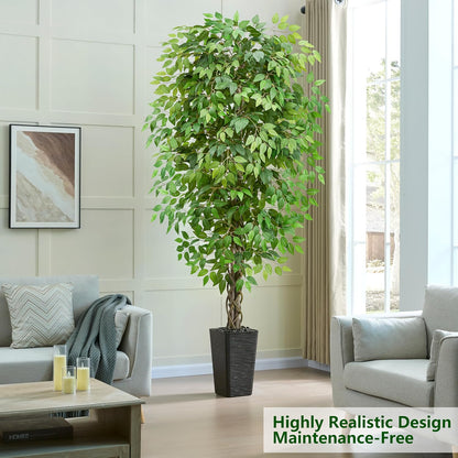 Artificial Ficus Tree 6FT Faux Plants Indoor Tall Fake Plants with White Planter, Green Lifelike Lush Fake Ficus Tree for Home Living Room Bedroom Outdoor Balcony House Office Decor