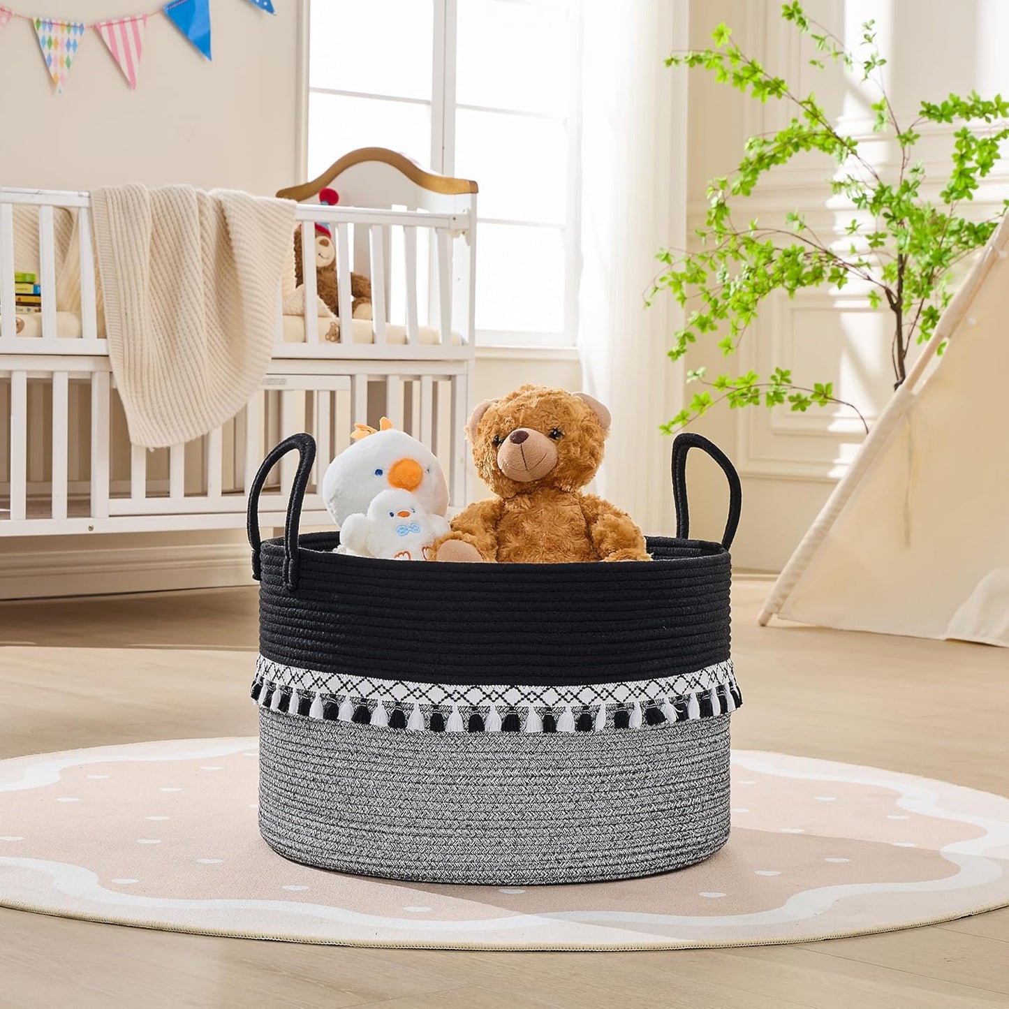 KAKAMAY Large Blanket Basket (20"x13"),Woven Baskets for storage Baby Laundry Hamper, Cotton Rope Blanket Basket for Living Room, Laundry, Nursery, Pillows, Baby Toy chest (White/Brown)