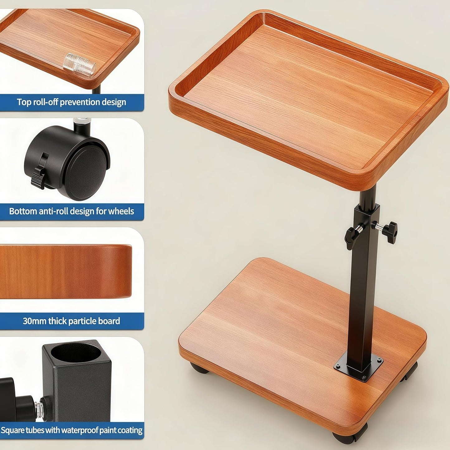 C Table End Table Adjustable Height, 360°Swivel TV Tray Table for Small Spaces, Side Tables with Wheels for Living Room and Bedroom, Bed (Walnut)