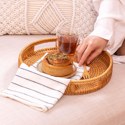 13.8 inch Round Rattan Tray, Decorative Coffee Table Tray, Ottoman Tray, Woven Serving Tray with Handles, Wicker Serving Basket, Whitewash