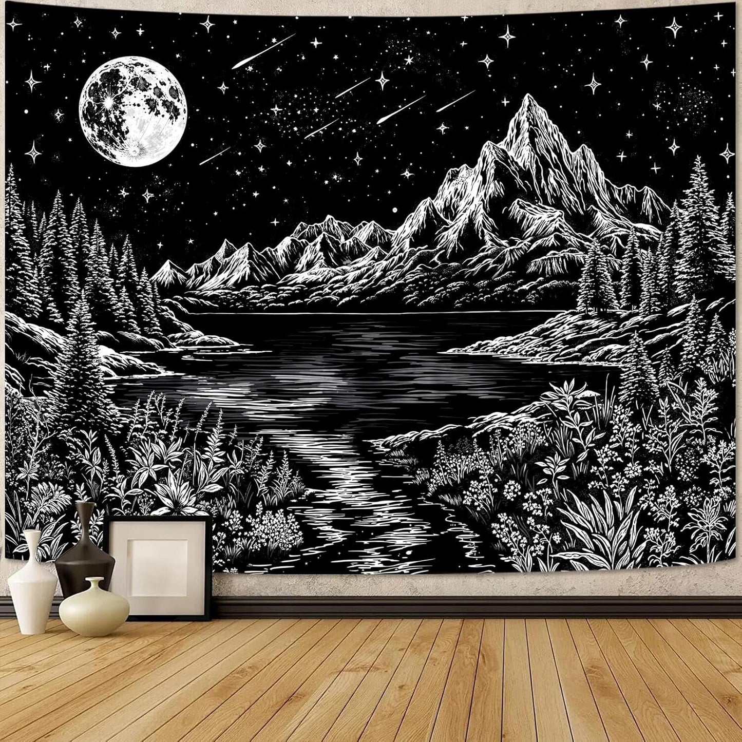 Zussun Black and White Tapestry Starry Night Mountain Tapestries for Bedroom Aesthetic Moon and Stars Tapastry's Wall Hanging Dark Nature Forest Wall Tapestry for Living Room Dorm (48'' × 36'')