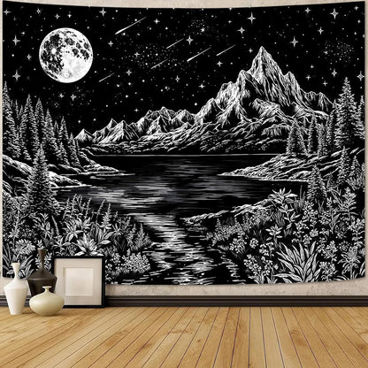 Zussun Black and White Tapestry Starry Night Mountain Tapestries for Bedroom Aesthetic Moon and Stars Tapastry's Wall Hanging Dark Nature Forest Wall Tapestry for Living Room Dorm (48'' × 36'')