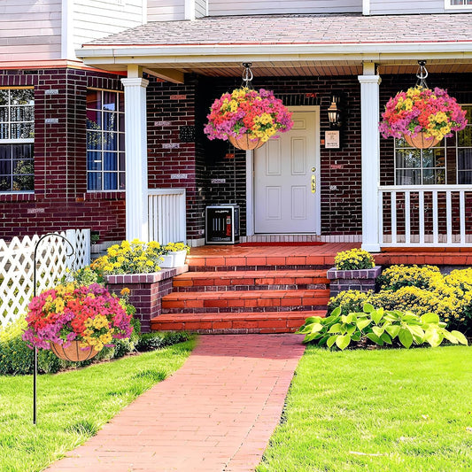 2 Set Artificial Hanging Flowers with Basket for Outdoor Spring Summer Decor, 2 Hanging Planters with 24 Pcs Silk Daisy Flowers for Garden Porch Patio Balcony Decoration