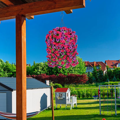 INXUGAO Artificial Flowers with Hanging Basket, Outdoor Faux Plants Silk Morning Glory Vines, Fake Green Arrangement for Garden Patio Spring Summer Decor(4pcs,Darkorchid)