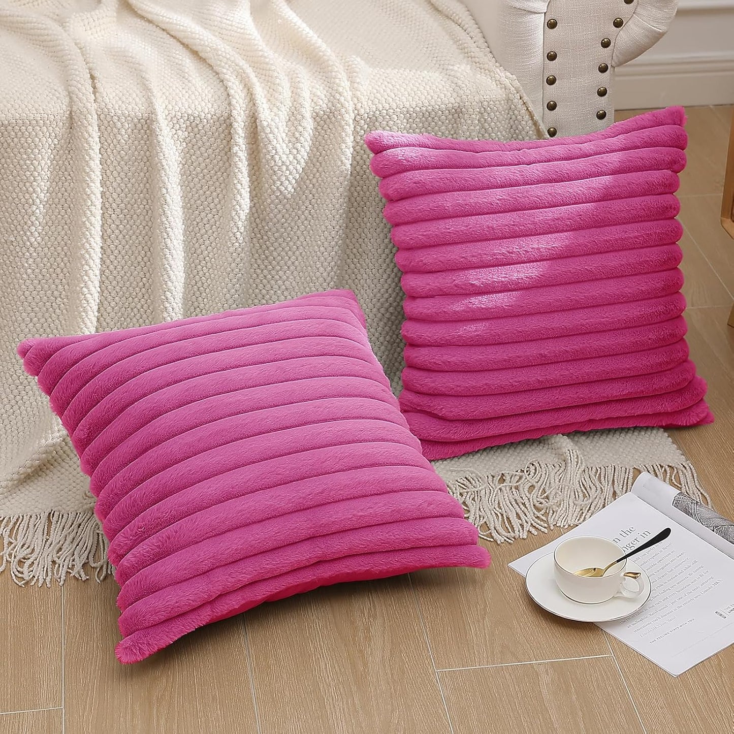 Pallene Faux Fur Plush Throw Pillow Covers 18x18 Set of 2, Luxury Soft Fluffy Striped Decorative Pillow Covers for Sofa, Couch, Living Room, Cream White