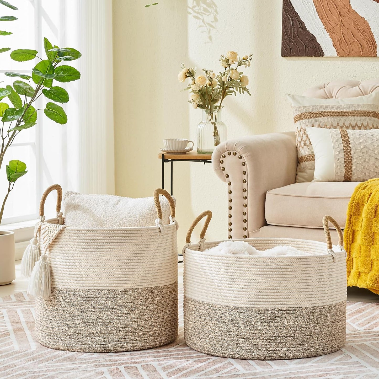 KAKAMAY Large Blanket Basket (20"x13"),Woven Baskets for storage Baby Laundry Hamper, Cotton Rope Blanket Basket for Living Room, Laundry, Nursery, Pillows, Baby Toy chest (White/Brown)
