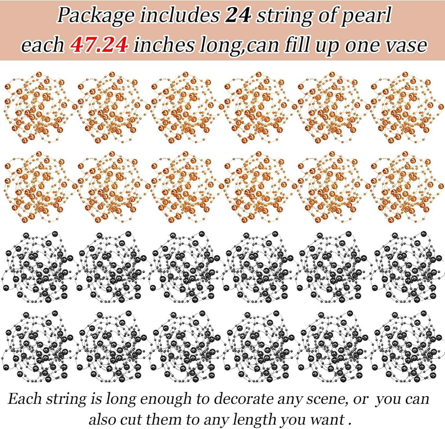 Tondiamo 24 Pcs Artificial Pearl String for Floating Candle Faux Pearls Beads String Garland Centerpiece Decoration for Vases Filler Wedding Spring Holiday Party Decor(Gold)