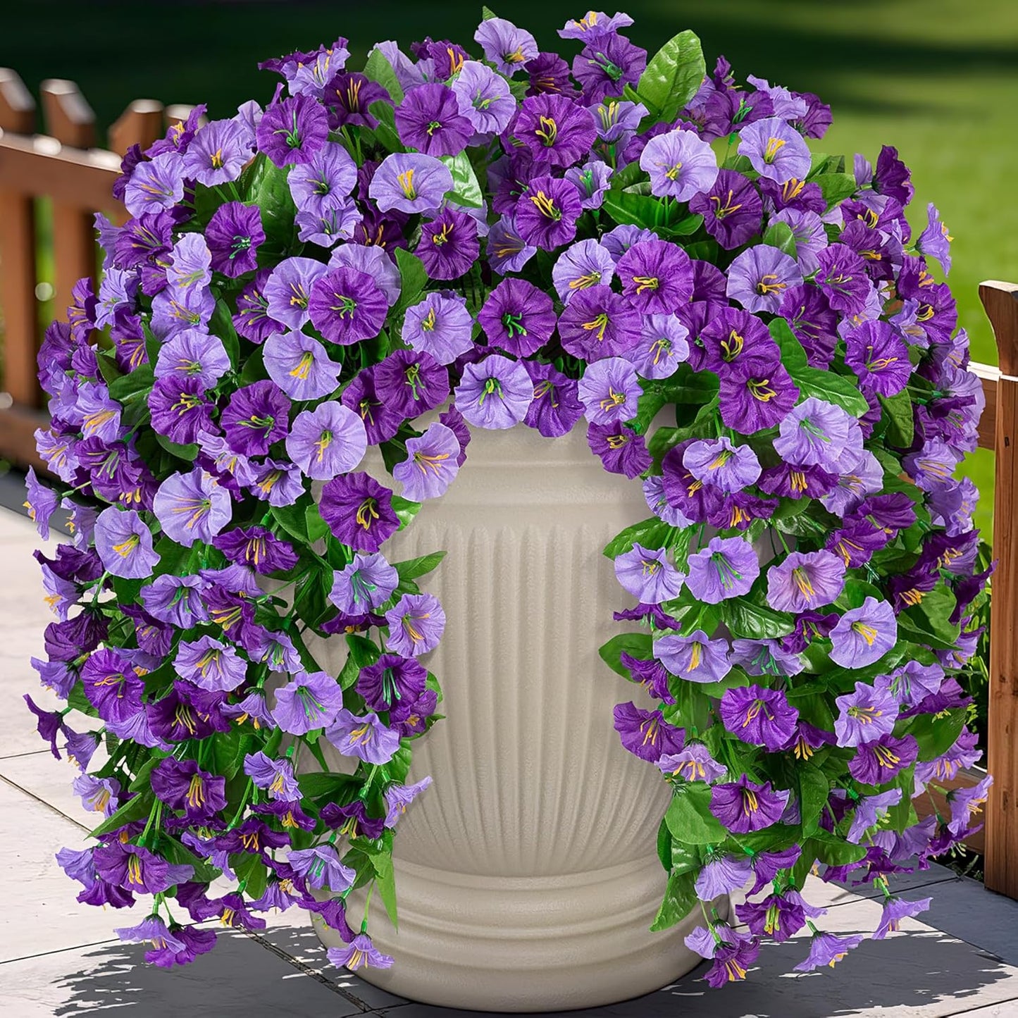 INXUGAO Artificial Flowers with Hanging Basket, Outdoor Faux Plants Silk Morning Glory Vines, Fake Green Arrangement for Garden Patio Spring Summer Decor(4pcs,Darkorchid)