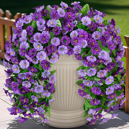 INXUGAO Artificial Flowers with Hanging Basket, Outdoor Faux Plants Silk Morning Glory Vines, Fake Green Arrangement for Garden Patio Spring Summer Decor(4pcs,Darkorchid)
