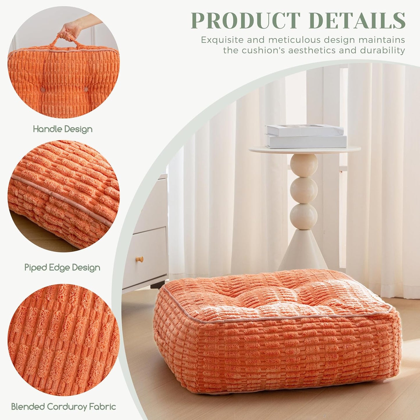 HIGOGOGO Floor Pillow Cushion for Adults, Meditation Cushion Pillow, Blended Corduroy Cover, Large Square Floor Sitting for Tatami Living Room or Yoga, 22x22 Inch, Beige