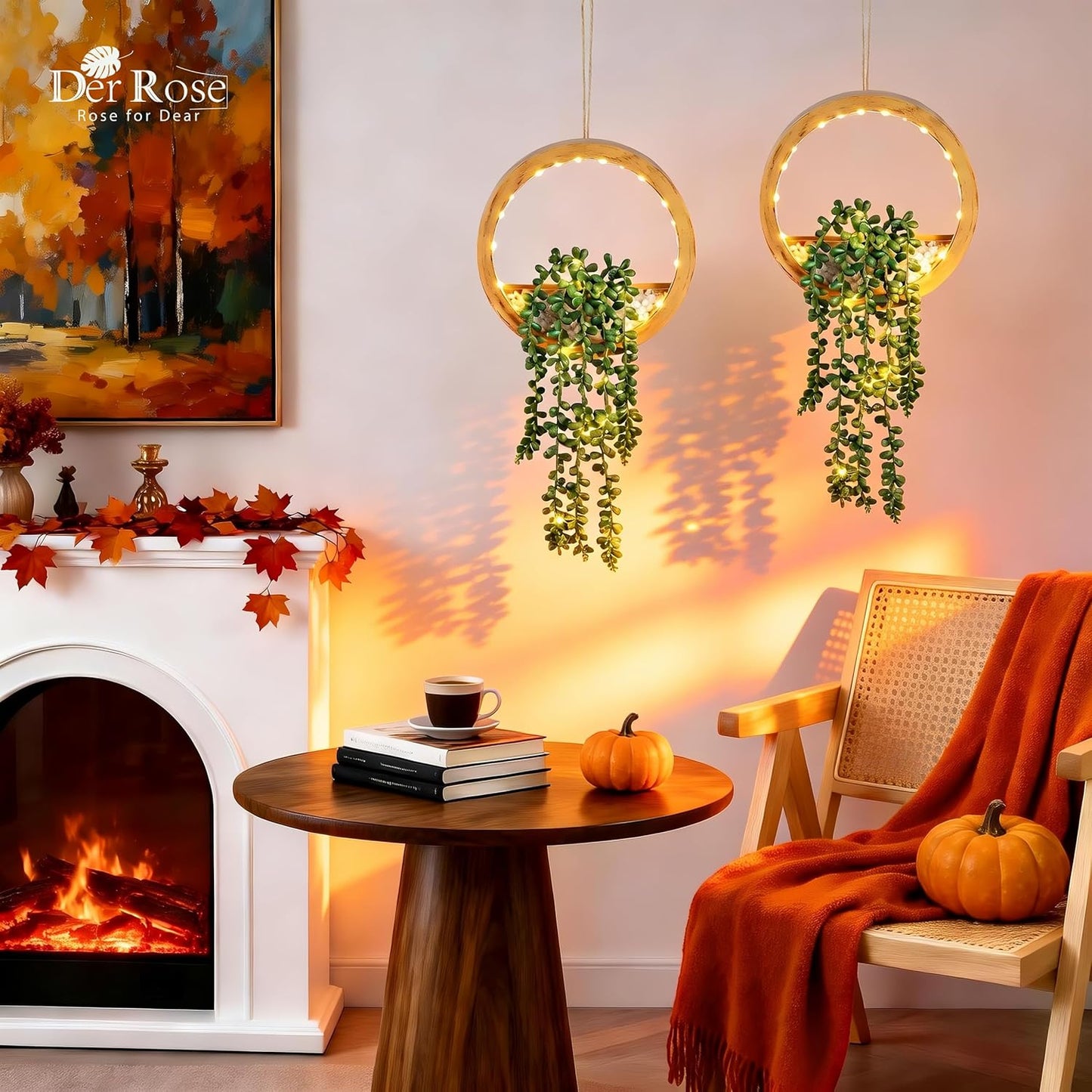 Der Rose 2 Pack Lighted Hanging Plants, Artificial String of Pearls Succulents with Warm LED Lights, Aesthetic Fake Plants for Black Bathroom Bedroom Living Room Wall Decor, Party & Gift for Women