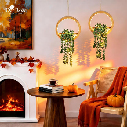 Der Rose 2 Pack Lighted Hanging Plants, Artificial String of Pearls Succulents with Warm LED Lights, Aesthetic Fake Plants for Black Bathroom Bedroom Living Room Wall Decor, Party & Gift for Women