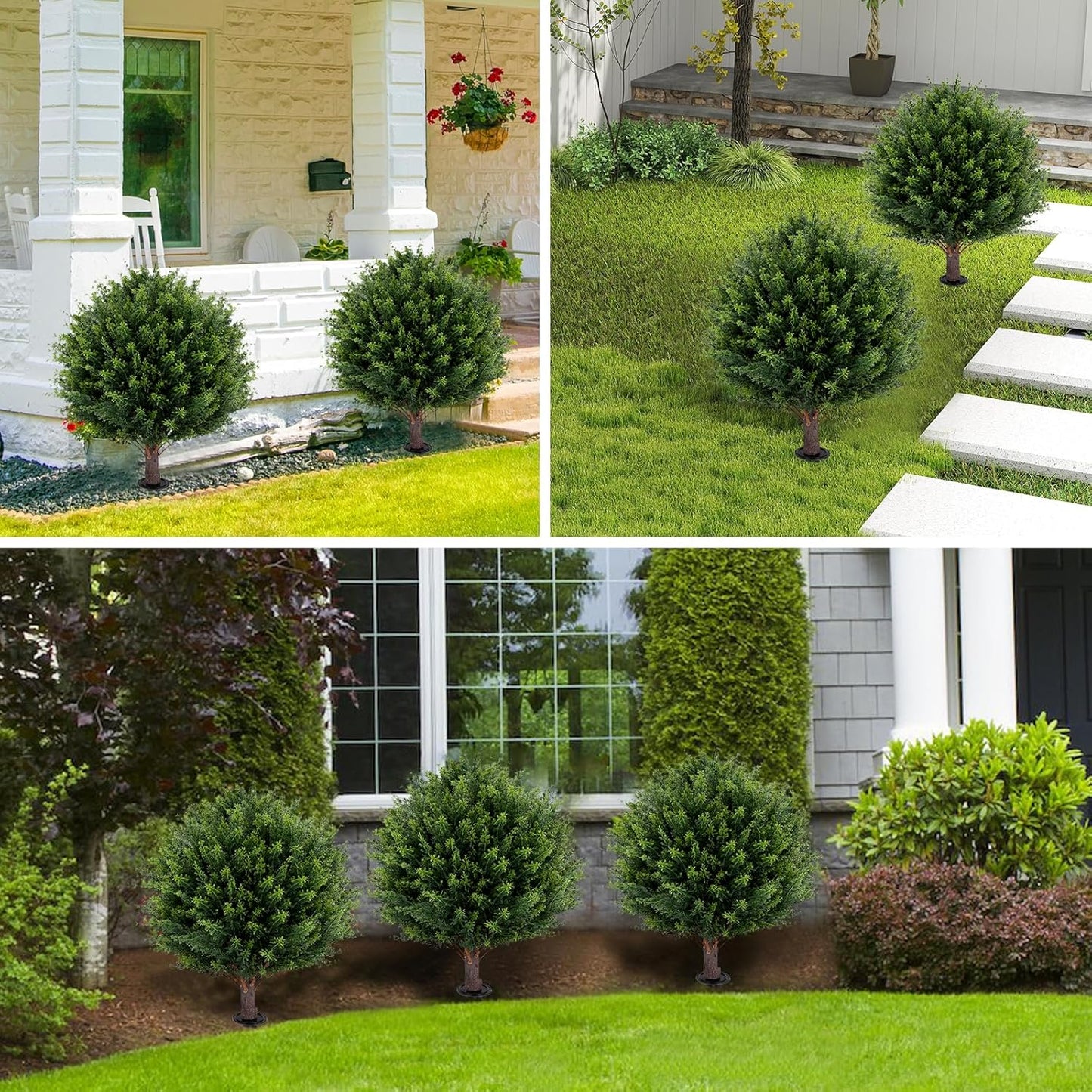 Artificial Red Eucalyptus Topiary Ball Tree 24" with Ground Spike, Set of 2 Artificial Boxwood Bushes for Faux Shrubs, Fake Evergreen Faux Plant for Indoor Outdoor Garden -UV Resistant–Fade-Proof