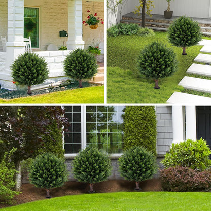Artificial Red Eucalyptus Topiary Ball Tree 24" with Ground Spike, Set of 2 Artificial Boxwood Bushes for Faux Shrubs, Fake Evergreen Faux Plant for Indoor Outdoor Garden -UV Resistant–Fade-Proof